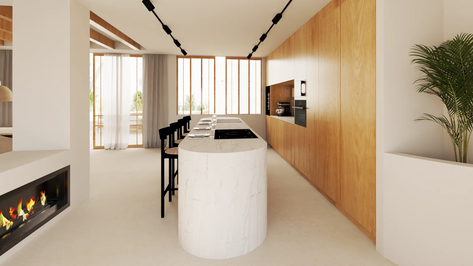 Render de una propuesta de cocina del proyecto 41 con isla clara, mobiliario de madera e iluminación de carril