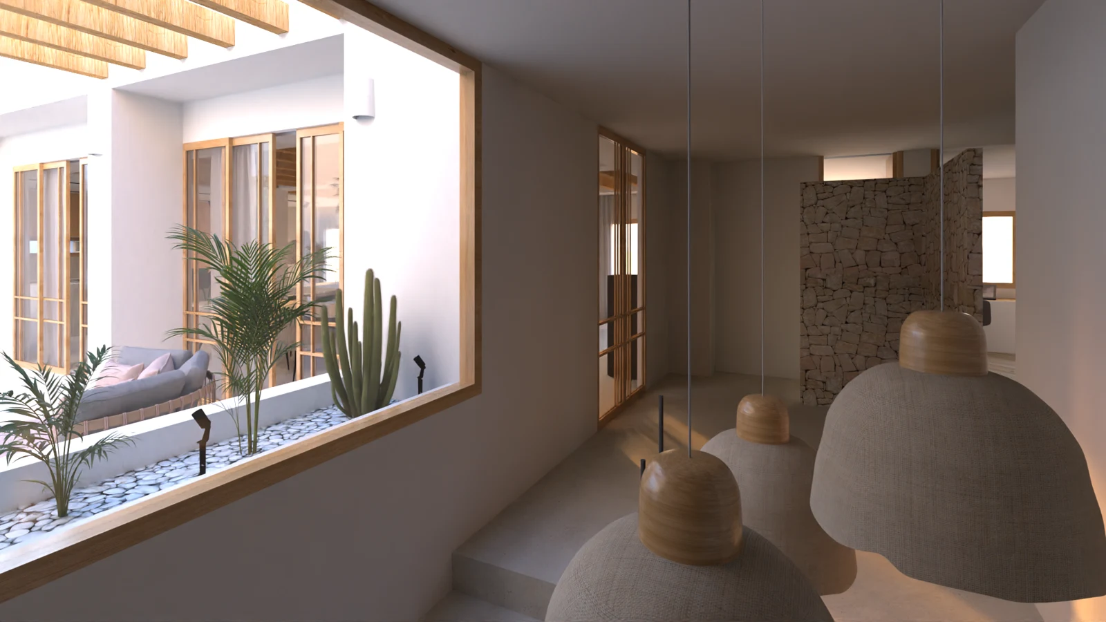 Diseño 3D para visualizar tu reforma 2 Render del recibidor del proyecto 41 abierto al patio interior, con piedra y madera