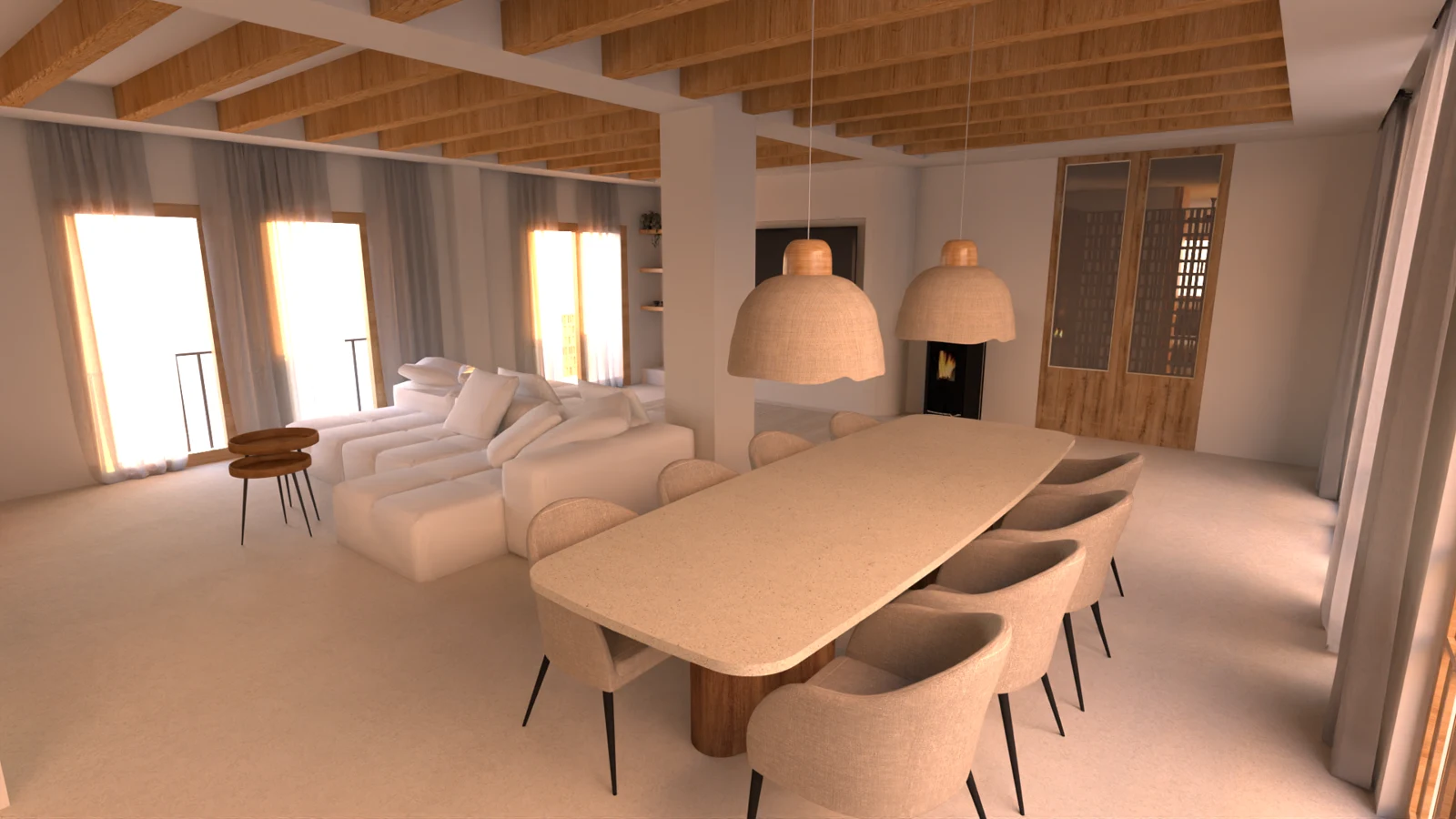Render del salón comedor del proyecto 41 con vigas de madera y tonos naturales