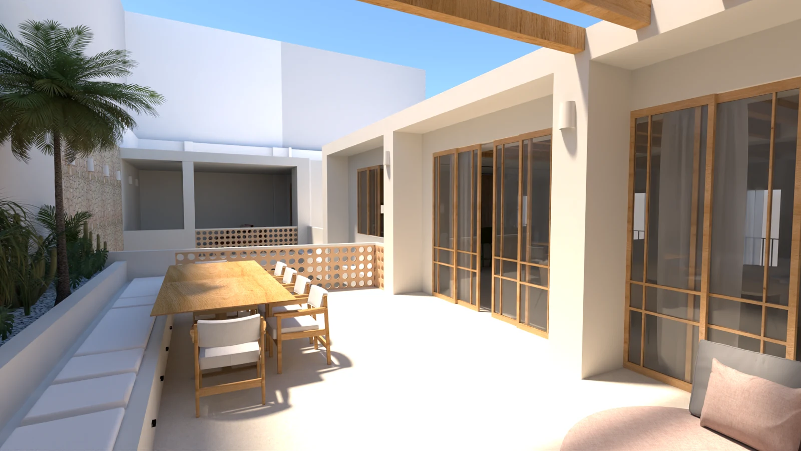 Servicios de interiorismo, reformas y diseño 3D 1 Render de terraza del proyecto 41 con comedor exterior, pérgola de madera y vegetación