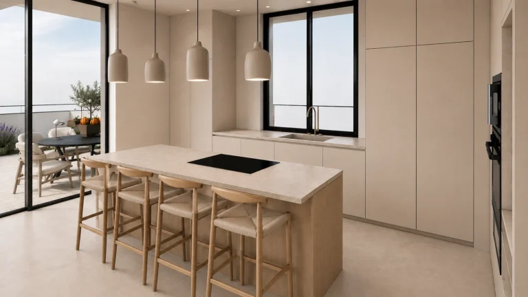Propuesta 3D de cocina con isla, madera y tonos arena del proyecto 44