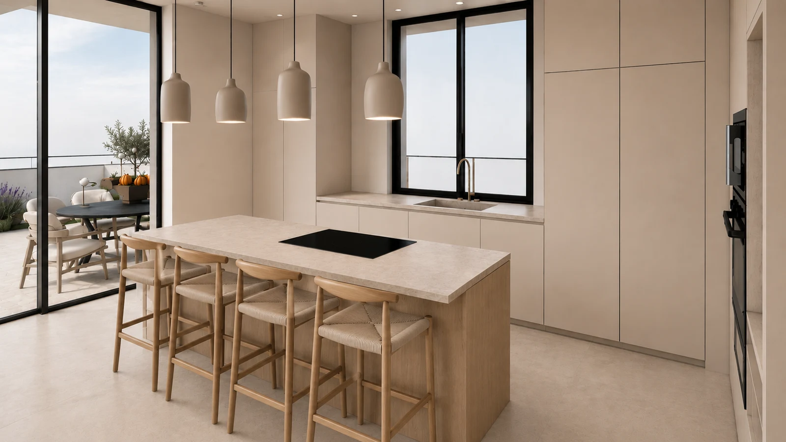 Servicios de interiorismo, reformas y diseño 3D 2 Propuesta 3D de cocina con isla, madera y tonos arena del proyecto 44