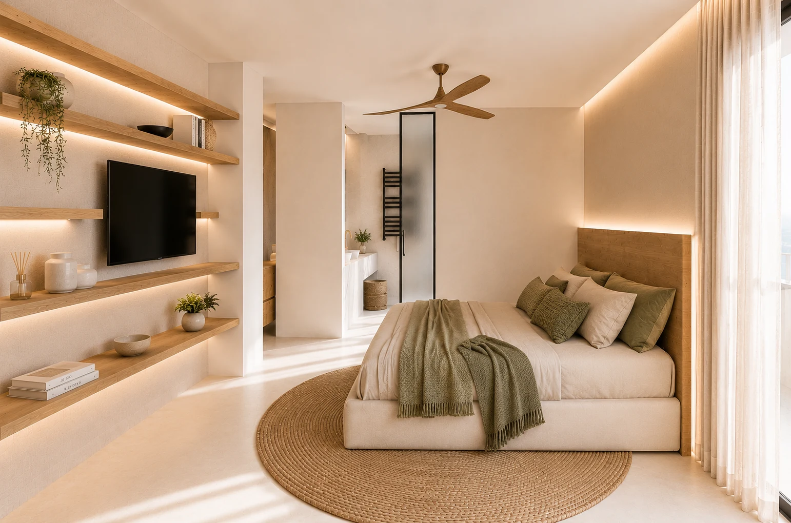 Propuesta 3D de dormitorio principal con madera, tonos arena e iluminación integrada del proyecto 44