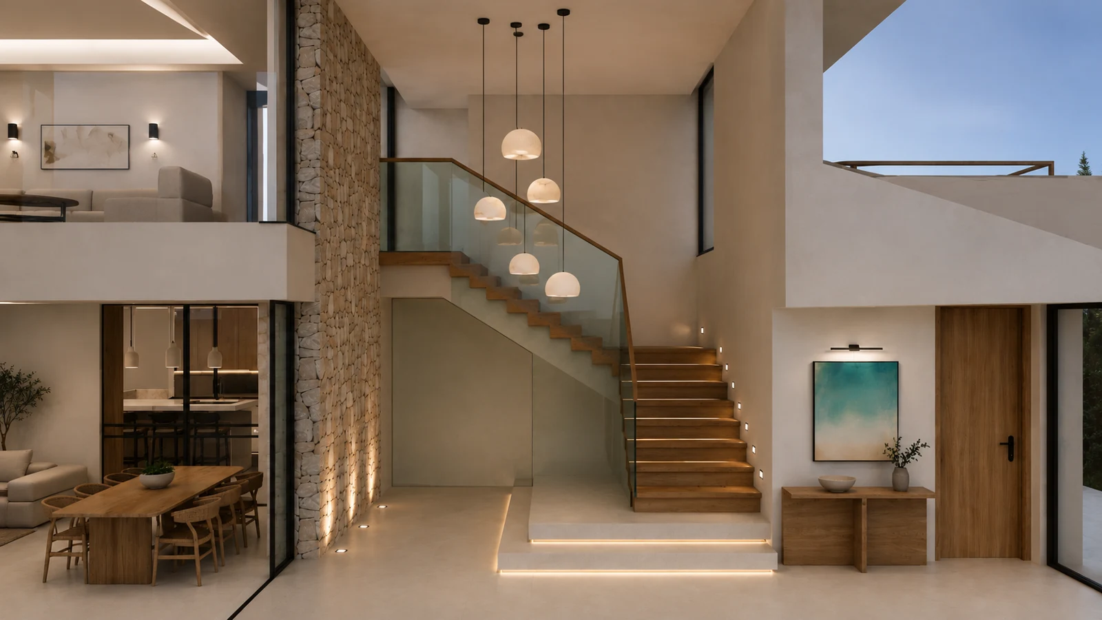 Diseño 3D para visualizar tu reforma 1 Propuesta 3D de escalera con peldaños de madera, barandilla de vidrio y pared de piedra del proyecto 44
